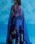 Navy Blue Silk Chanderi Hand-Painted Lehenga Set