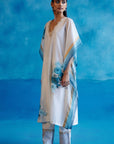 Ivory and Blue Silk Chanderi Hand-Painted Embroidered Kaftan Set