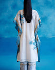 Ivory and Blue Silk Chanderi Hand-Painted Embroidered Kaftan Set