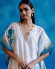 Ivory and Blue Silk Chanderi Hand-Painted Embroidered Kaftan Set