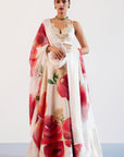 Beige and Red Silk Chanderi Hand-Painted Embroidered Lehenga Set