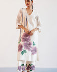 Beige and Mauve Silk Chanderi Hand-Painted Embroidered Kurta Set