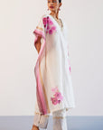 Ivory and Pink Silk Chanderi Hand-Painted Embroidered Kaftan Set