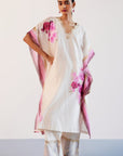 Ivory and Pink Silk Chanderi Hand-Painted Embroidered Kaftan Set