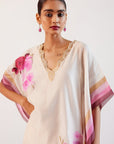 Ivory and Pink Silk Chanderi Hand-Painted Embroidered Kaftan Set