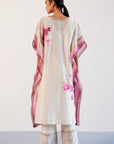 Ivory and Pink Silk Chanderi Hand-Painted Embroidered Kaftan Set