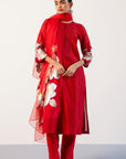 Red Silk Chanderi Hand-Painted Kurta Set