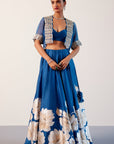 Blue Silk Chanderi Hand-Painted Skirt and Cape Set