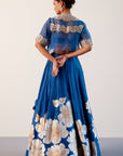 Blue Silk Chanderi Hand-Painted Skirt and Cape Set