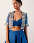 Blue Silk Chanderi Hand-Painted Skirt and Cape Set