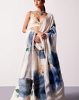 Beige and Blue Silk Chanderi Hand-Painted Embroidered Lehenga Set