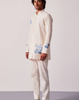 Ivory and Blue Stripe Silk Chanderi Hand-Painted Kurta Set