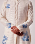 Ivory and Blue Stripe Silk Chanderi Hand-Painted Kurta Set