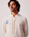 Ivory and Blue Stripe Silk Chanderi Hand-Painted Kurta Set