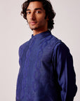 Navy Blue Silk Chanderi Kurta and Embroidered Bundi Set