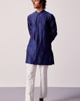 Navy Blue Silk Chanderi Kurta and Embroidered Bundi Set