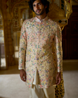 Cream Multi-Coloured Three- Dimensional Sherwani Set