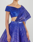 Fluted Tulle Printed Skirt with Lamina Scaled Top and Sunray Drape