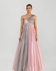 Structured Off The Shoulder Body Suit with a Glazed Organza Skirt and Dual Drapes