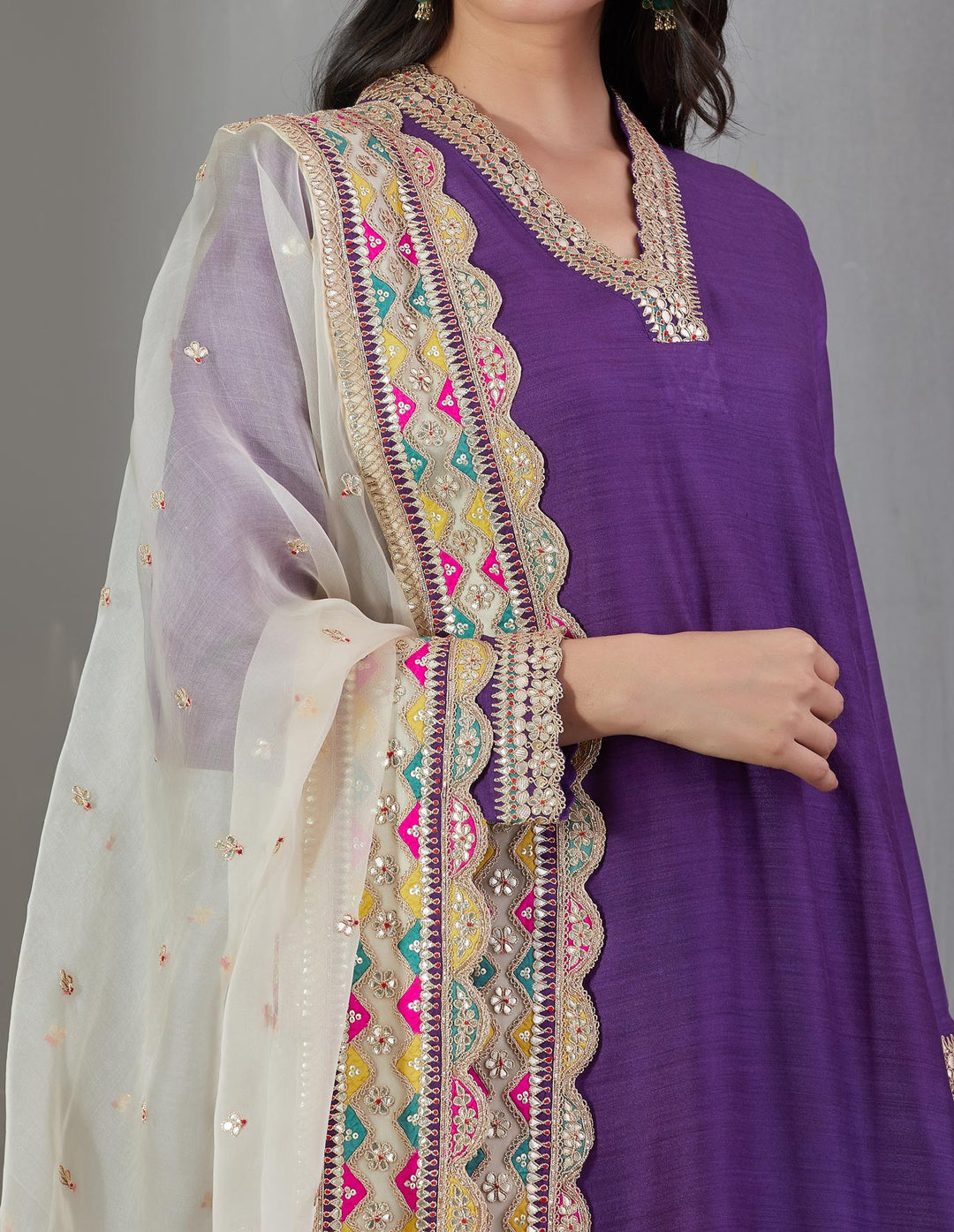 Purple Kurta Set With A Ecru Organza Dupatta