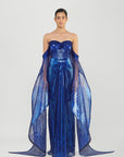 Metallic Micropleated Off The Shoulder Gown With Sunray Wings On Sleeves