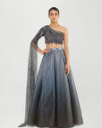 Metallic Fluted Tulle Printed Skirt and Beaded Off Shoulder Top