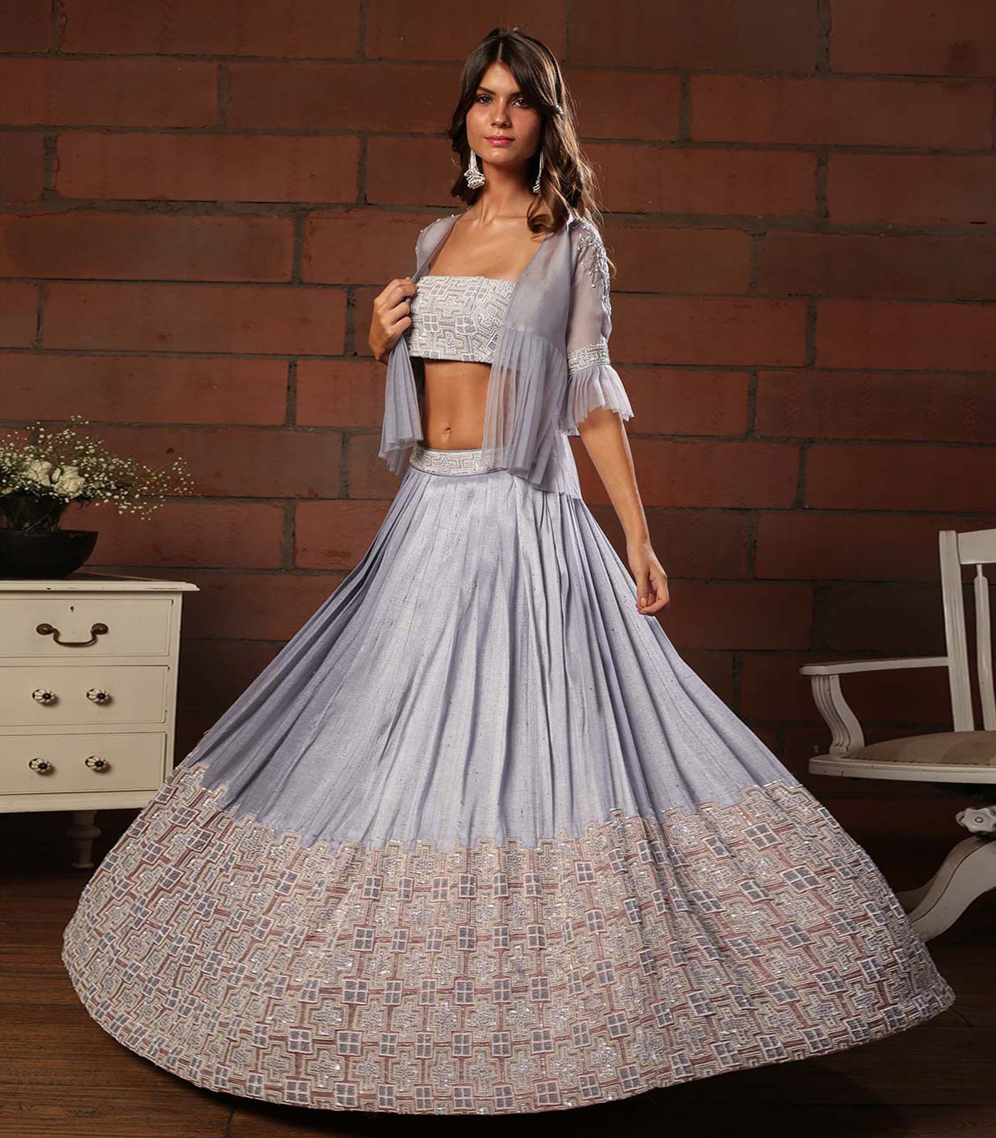 Grey Lehenga With Jacket And Tube