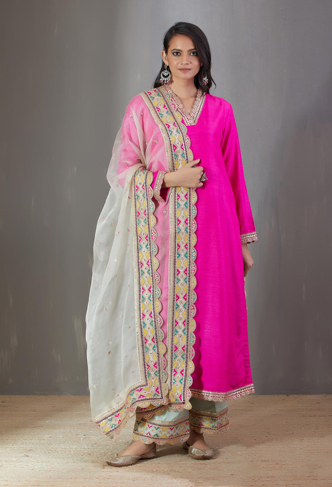 Pink Kurta Set With A Ecru Organza Dupatta