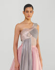 Structured Off The Shoulder Body Suit with a Glazed Organza Skirt and Dual Drapes