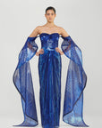 Metallic Micropleated Off The Shoulder Gown With Sunray Wings On Sleeves