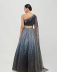 Metallic Fluted Tulle Printed Skirt and Beaded Off Shoulder Top