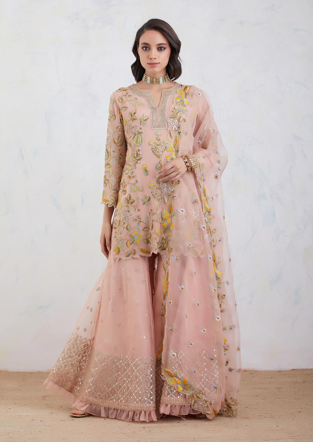 Dusty Pink Kurta And Sharara Set With An Organza Dupatta