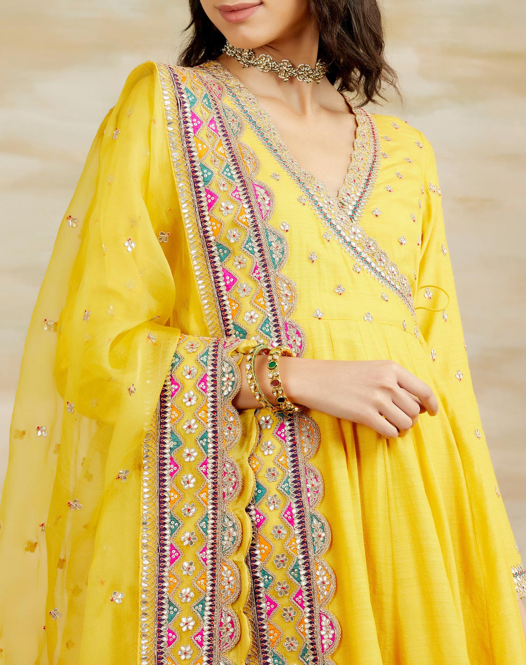 Yellow Tussar Munga Angrakha Set