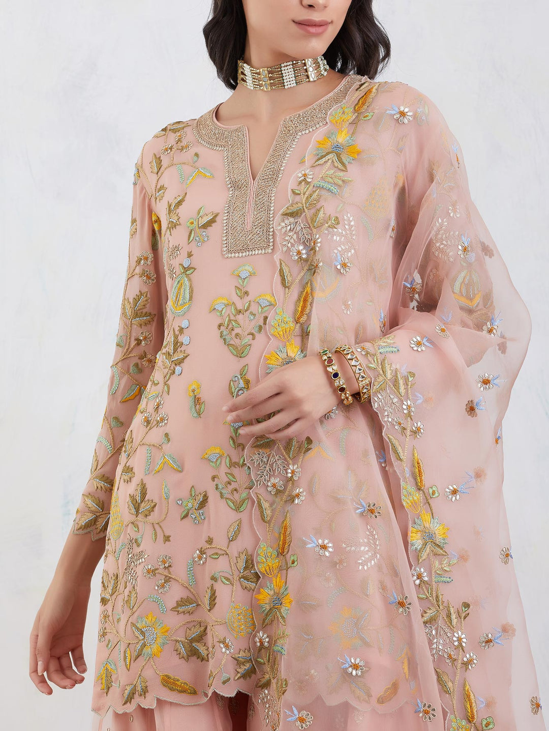 Dusty Pink Kurta And Sharara Set With An Organza Dupatta