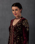 Maroon Silk Velvet Embroidered Jacket Set