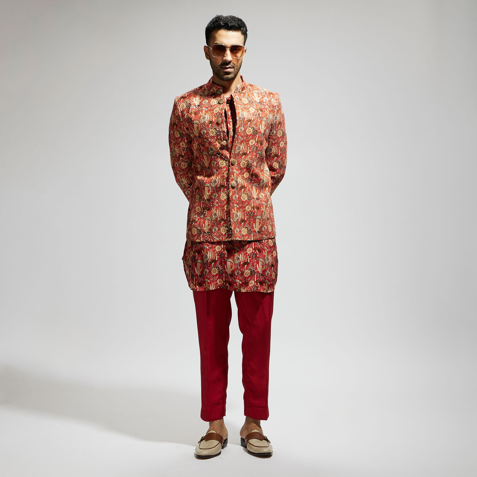 Orange Jaal Embellished Bandhgala Paired With Jaal Kurta And Pants