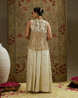 Magnolia Cream Threadwork Fringe Jacket Paired Wth Metallic Bustier And Ivory Embellised Flared Pants