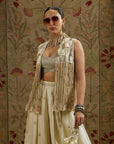 Magnolia Cream Threadwork Fringe Jacket Paired Wth Metallic Bustier And Ivory Embellised Flared Pants