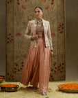 Pink Embellsihed Jacket Paired With Bustier And Embellished Pleated Pants