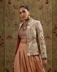 Pink Embellsihed Jacket Paired With Bustier And Embellished Pleated Pants