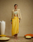 Dandelion Yellow Embellished Jacket Paired With Embellished Bustier And High Slit Skirt