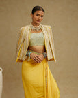 Dandelion Yellow Embellished Jacket Paired With Embellished Bustier And High Slit Skirt