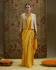 Dandelion Yellow Cascade Saree Paired With Metal Embellished Bustier And Embellished Cape Jacket