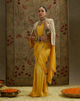 Dandelion Yellow Cascade Saree Paired With Metal Embellished Bustier And Embellished Cape Jacket