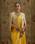 Dandelion Yellow Cascade Saree Paired With Metal Embellished Bustier And Embellished Cape Jacket