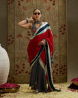 Red Mask Print Cascade Saree With Metal Embellished Bustier