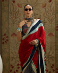 Red Mask Print Cascade Saree With Metal Embellished Bustier