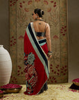 Red Mask Print Cascade Saree With Metal Embellished Bustier