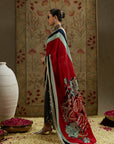 Red Mask Print Cascade Saree With Metal Embellished Bustier