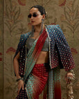 Red Blue Ombre Print Cascade Saree With Metal Embellished Bustier Paired With Blue Ombre Embellished Cape  Jacket